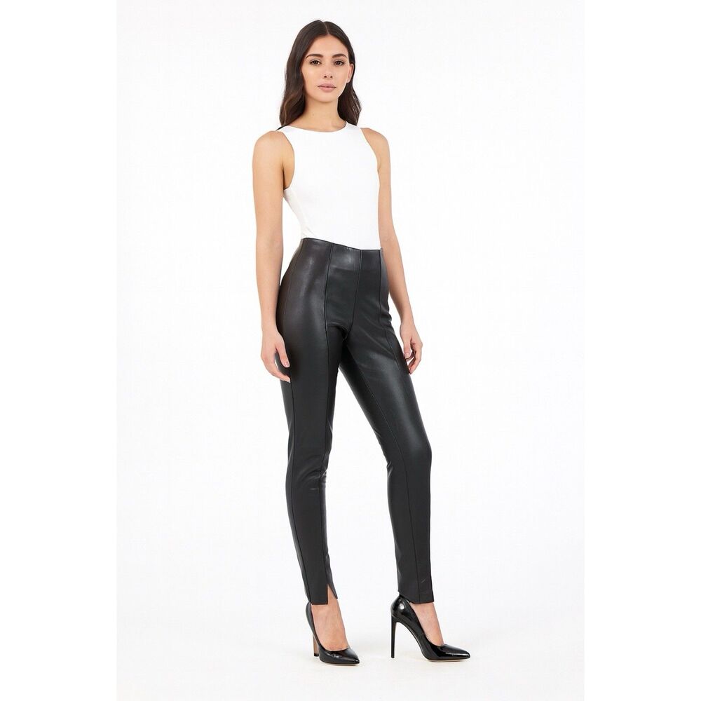 Top Shop Vegan Leggings Black Faux Leather Stretch Side Zip Leg Slit Size 0